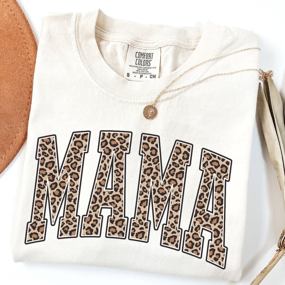 NEW Ivory Comfort Colors Leopard Print Mama Crewneck Tee Shirt, New Mom Gifts